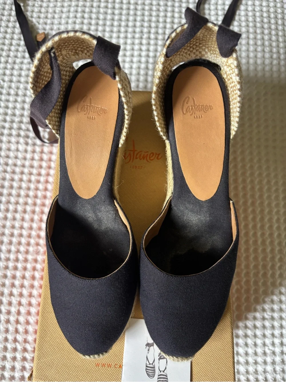 Castaner Navy Blue Canvas Espadrille Wedges with Ankle Tie Straps
